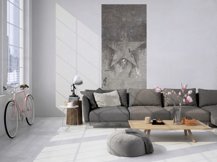 Das Design-Fotopanel New York, Stern auf Steinwand von Michalsky tapeziert in einem Loft. Bestelle die Bildtapete für Deine Wand online.
