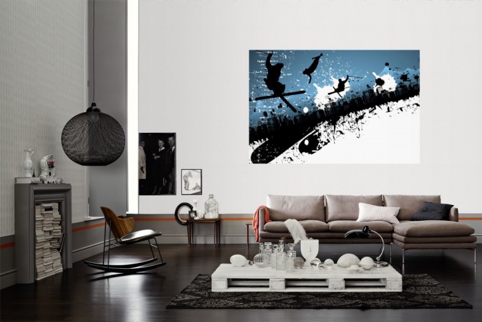 Die Design-Fototapete Snowboarder & Skifahrer, Artwork für Kinder als Wandbild im Wohnzimmer. Die Vlies-Design-Fototapete Snowboarder & Skifahrer, Artwork für Kinder verschönert als Wandbild Deine Wand.
