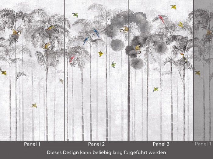 Die graue Dschungeltapete Animal Palms Wallpaper mit drei verschiedenen Bahnen.