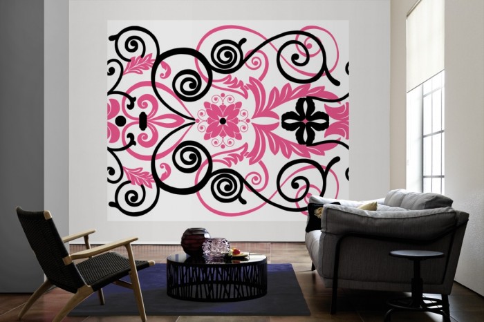 Die Designtapete Modernes Ornament, Weiß-Pink als große Bildtapete im Wohnzimmer. Als Bildtapete ist die Designtapete Modernes Ornament, Weiß-Pink ein besonderes Highlight auf Vliestapete.