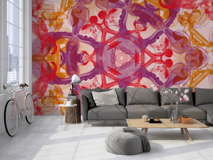 Die Designer-Fototapete Kaleidoskop Blüten, Artwork by Mylumi auf einer großen Wand im Loft tapeziert. Die Designer-Fototapete Kaleidoskop Blüten, Artwork by Mylumi wird individuell auf Deine Wand angepasst.