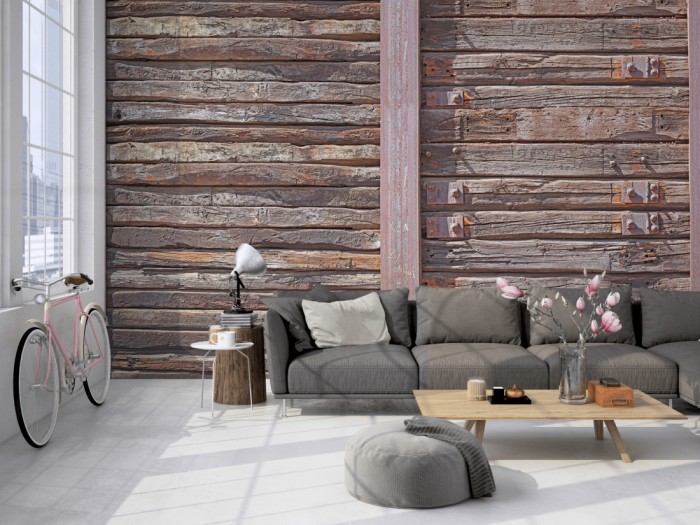 Die Fototapete Holz Wand, alte Holzmauer auf einer großen Wand im Loft tapeziert. Die Fototapete Holz Wand, alte Holzmauer wird individuell auf Deine Wand angepasst.