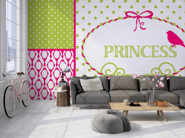 Die Fototapete Princess, Patchwork-Design auf einer großen Wand im Loft tapeziert. Die Fototapete Princess, Patchwork-Design wird individuell auf Deine Wand angepasst.