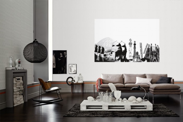 Die Design-Fototapete Barcelona Spanien, Artwork als Wandbild im Wohnzimmer. Die Vlies-Design-Fototapete Barcelona Spanien, Artwork verschönert als Wandbild Deine Wand.