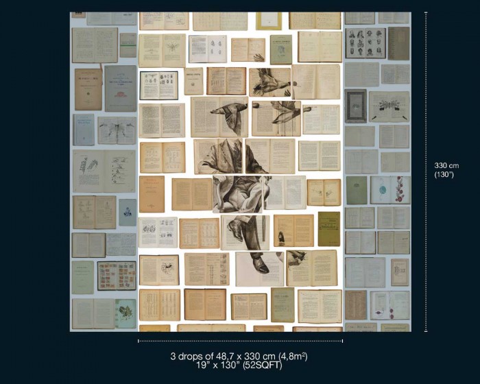 Abmessungen der NLXL Tapete EKA-01 Biblioteca von Ekaterina Panikanova, rechts und links ergänzt durch die passende Tapete EKA-07.