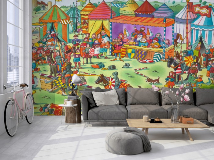 Die Fototapete Ritterfest, Wimmelbild für Kinder auf einer großen Wand im Loft tapeziert. Die Fototapete Ritterfest, Wimmelbild für Kinder wird individuell auf Deine Wand angepasst.