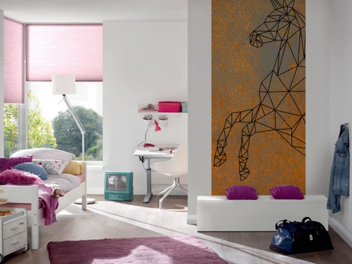 Ein Foto von dem Design-Fotopanel Einhorn Design auf Rost, Körper tapeziert im Kinderzimmer. Bestelle Deine Bildtapete online.