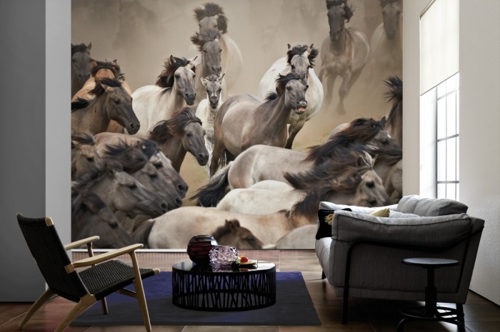 Im Wohnzimmer die Fototapete Pferde Herde im Galopp auf einer großen Wand tapeziert. Die Fototapete Pferde Herde im Galopp ist als Vlies-Fototapete im Wohnzimmer leicht zu tapezieren.