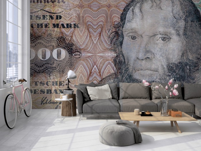 Die Fototapete Alter Geldschein, 1000 Mark von 1980 auf einer großen Wand im Loft tapeziert. Die Fototapete Alter Geldschein, 1000 Mark von 1980 wird individuell auf Deine Wand angepasst.