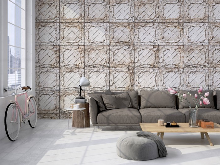 Tapete im Wohnzimmer - Wohnzimmertapete NLXL TIN-09 Large White Brooklyn Tins Wallpaper von Merci