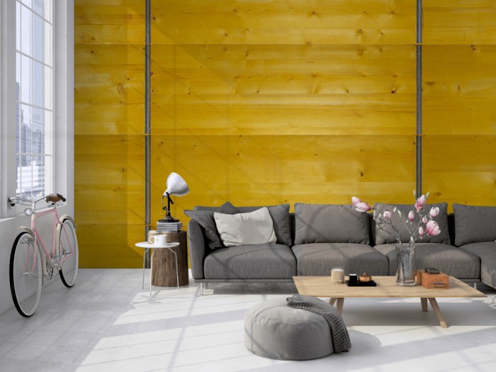 Die Fototapete Holz Wand, gelbe Bretter auf einer großen Wand im Loft tapeziert. Die Fototapete Holz Wand, gelbe Bretter wird individuell auf Deine Wand angepasst.
