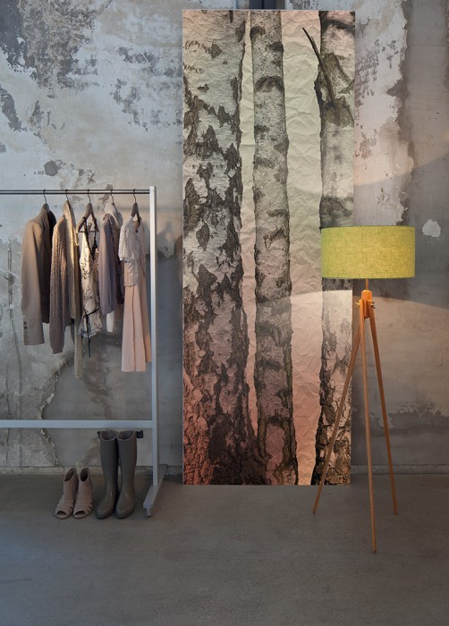 Ein Foto von dem Design-Fotopanel Birkenwald auf Papier, Vintage tapeziert im Raum. Bestelle Deine Bildtapete online.