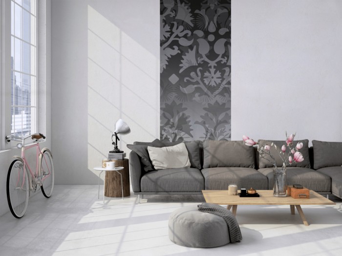 Das Design-Fotopanel Moderne Ornamente Grau, Artwork tapeziert in einem Loft. Bestelle die Bildtapete für Deine Wand online.