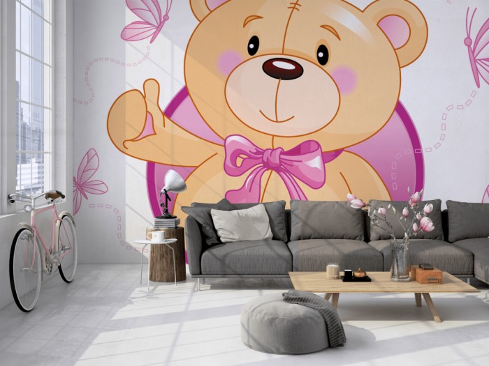 Die Fototapete Bär mit Schmetterlingen auf einer großen Wand im Loft tapeziert. Die Fototapete Bär mit Schmetterlingen wird individuell auf Deine Wand angepasst.