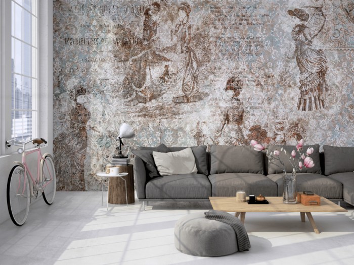 Die Design-Fototapete Barock und Nostalgie, Artwork auf einer großen Wand im Loft tapeziert. Die Design-Fototapete Barock und Nostalgie, Artwork wird individuell auf Deine Wand angepasst.