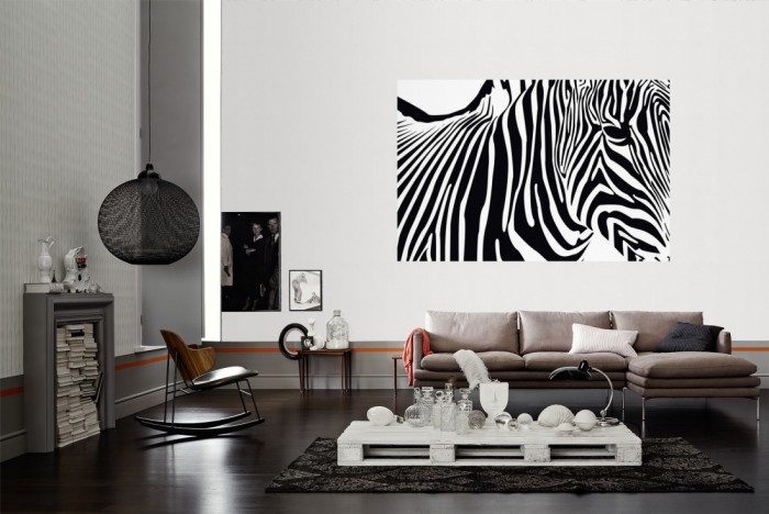 Die Fototapete Zebra, Artwork als Wandbild im Wohnzimmer. Die Vlies-Fototapete Zebra, Artwork verschönert als Wandbild Deine Wand.