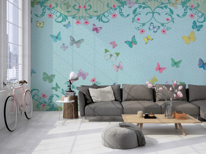 Die Design-Fototapete Schmetterlinge Be Happy, Nostalgie auf einer großen Wand im Loft tapeziert. Die Design-Fototapete Schmetterlinge Be Happy, Nostalgie wird individuell auf Deine Wand angepasst.