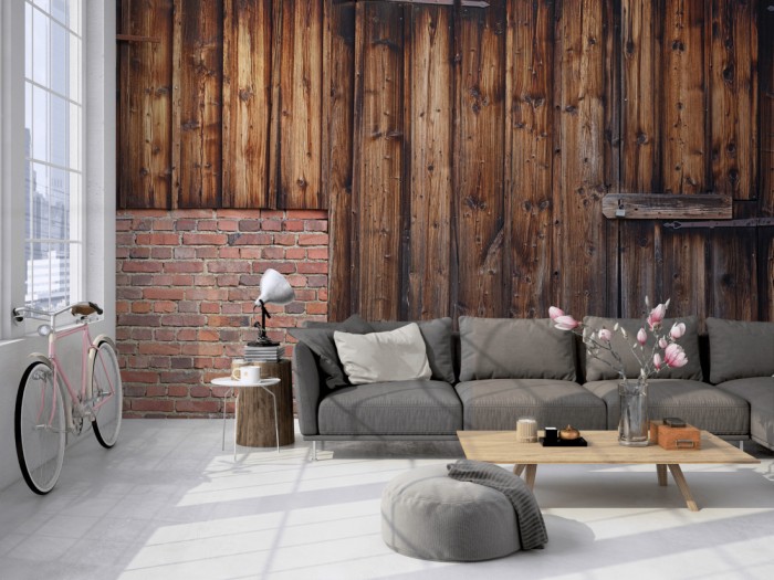 Die Fototapete Holz Wand, Scheunentor auf einer großen Wand im Loft tapeziert. Die Fototapete Holz Wand, Scheunentor wird individuell auf Deine Wand angepasst.