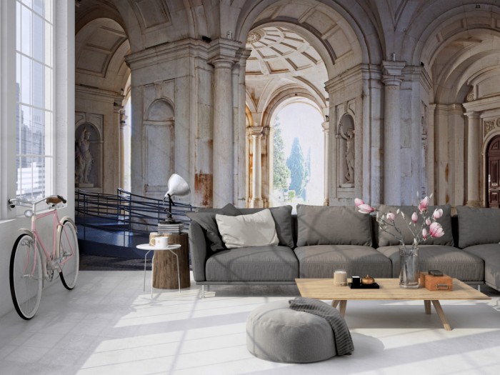 Die Fototapete Halle des Palácio Real in Lissabon, Portugal auf einer großen Wand im Loft tapeziert. Die Fototapete Halle des Palácio Real in Lissabon, Portugal wird individuell auf Deine Wand angepasst.