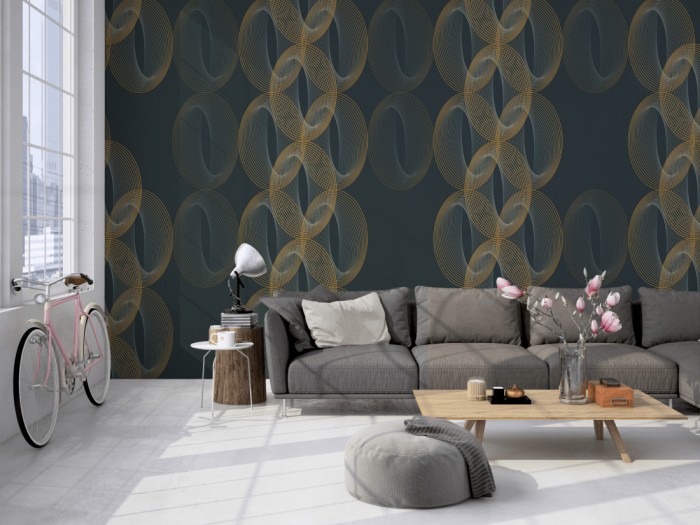 Die Design-Fototapete 3D-Geometrie Kette auf einer großen Wand im Loft tapeziert. Die Design-Fototapete 3D-Geometrie Kette wird individuell auf Deine Wand angepasst.