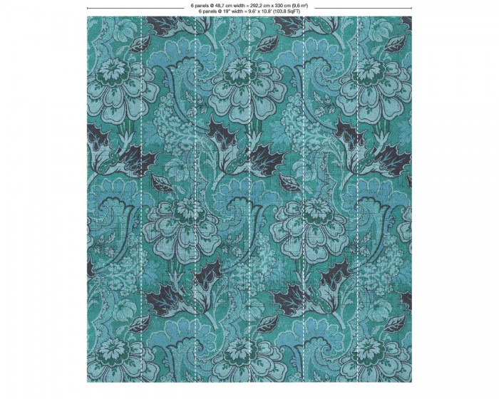 Abmessungen der NLXL Tapete MRV-03 Big Pattern Paola von Mr & Mrs Vintage, in der Variante mit 6 Bahnen.