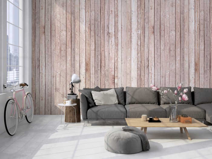 Die Fototapete Holz Wand, helle Holzbretter auf einer großen Wand im Loft tapeziert. Die Fototapete Holz Wand, helle Holzbretter wird individuell auf Deine Wand angepasst.