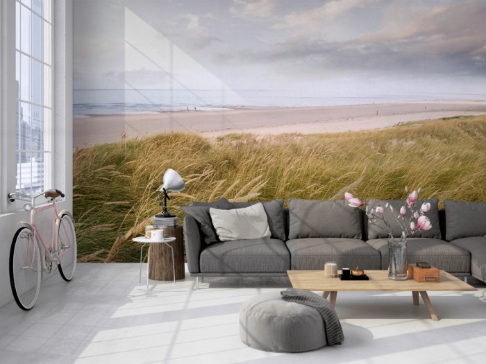 Die Fototapete Sylt, Strand und Dünen auf einer großen Wand im Loft tapeziert. Die Fototapete Sylt, Strand und Dünen wird individuell auf Deine Wand angepasst.