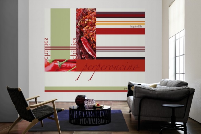 Die Design-Fototapete Chili, Artwork als große Bildtapete im Wohnzimmer. Als Bildtapete ist die Design-Fototapete Chili, Artwork ein besonderes Highlight auf Vliestapete.