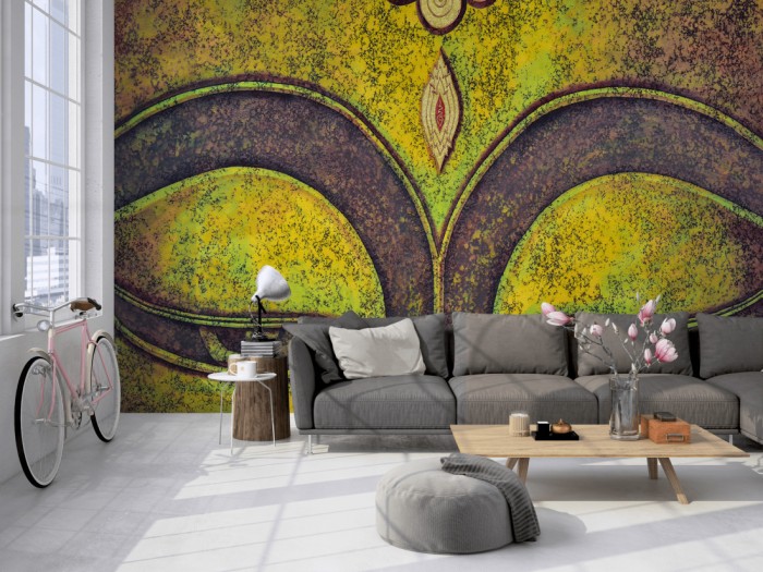 Die Design-Fototapete Buddha Gesicht, Artwork auf einer großen Wand im Loft tapeziert. Die Design-Fototapete Buddha Gesicht, Artwork wird individuell auf Deine Wand angepasst.