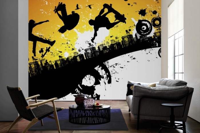 Im Wohnzimmer die Design-Fototapete Skater, Artwork für Kinder auf einer großen Wand tapeziert. Die Design-Fototapete Skater, Artwork für Kinder ist als Vlies-Fototapete im Wohnzimmer leicht zu tapezieren.