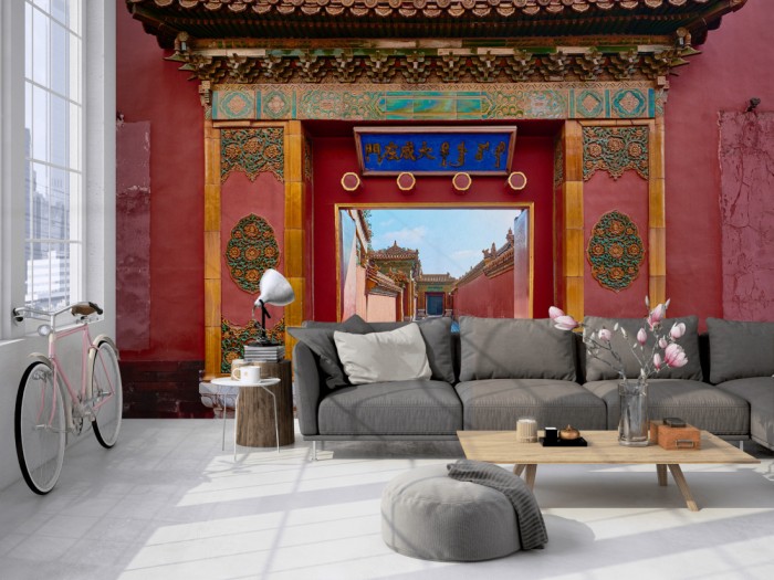 Die Fototapete Verbotene Stadt, Peking in China auf einer großen Wand im Loft tapeziert. Die Fototapete Verbotene Stadt, Peking in China wird individuell auf Deine Wand angepasst.