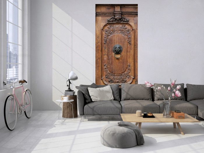 Das 3D Fotopanel Klassische Holzvertäfelung aus Eiche tapeziert in einem Loft. Bestelle die Bildtapete für Deine Wand online.