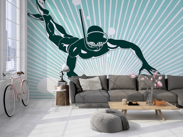 Die Design-Fototapete Taucher, Artwork auf einer großen Wand im Loft tapeziert. Die Design-Fototapete Taucher, Artwork wird individuell auf Deine Wand angepasst.