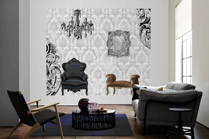 Die Design-Fototapete Barock Möbel, Artwork als große Bildtapete im Wohnzimmer. Als Bildtapete ist die Design-Fototapete Barock Möbel, Artwork ein besonderes Highlight auf Vliestapete.