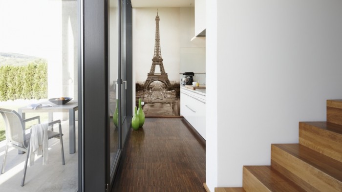 Ein Foto von dem 3D-Fotopanel Eifelturm, Paris in Sepia tapeziert in der Küche. Bestelle Deine Bildtapete online.
