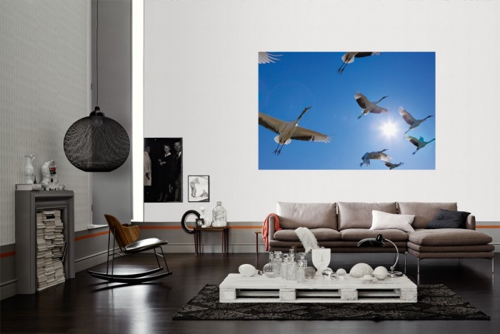 Die Fototapete Vögel im Himmel, Kraniche als Wandbild im Wohnzimmer. Die Vlies-Fototapete Vögel im Himmel, Kraniche verschönert als Wandbild Deine Wand.