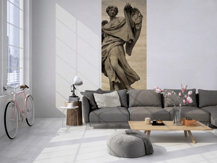 Das Design-Fotopanel Engel Statue der Engelsbrücke, Rom tapeziert in einem Loft. Bestelle die Bildtapete für Deine Wand online.