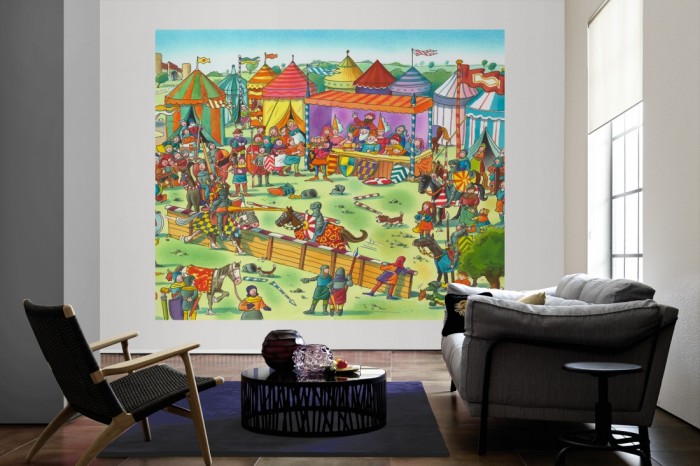Die Fototapete Ritterfest, Wimmelbild für Kinder als große Bildtapete im Wohnzimmer. Als Bildtapete ist die Fototapete Ritterfest, Wimmelbild für Kinder ein besonderes Highlight auf Vliestapete.