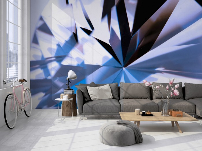 Die Fototapete Diamant Detail auf einer großen Wand im Loft tapeziert. Die Fototapete Diamant Detail wird individuell auf Deine Wand angepasst.