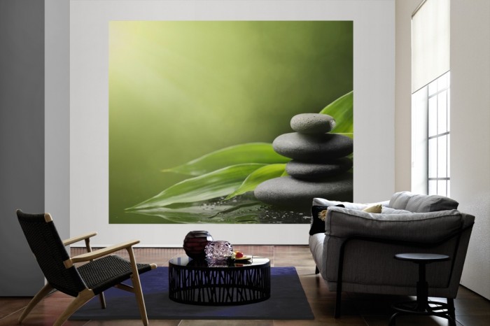 Die Fototapete Wellness, Wellness-Steine mit grünen Blättern als große Bildtapete im Wohnzimmer. Als Bildtapete ist die Fototapete Wellness, Wellness-Steine mit grünen Blättern ein besonderes Highlight auf Vliestapete.