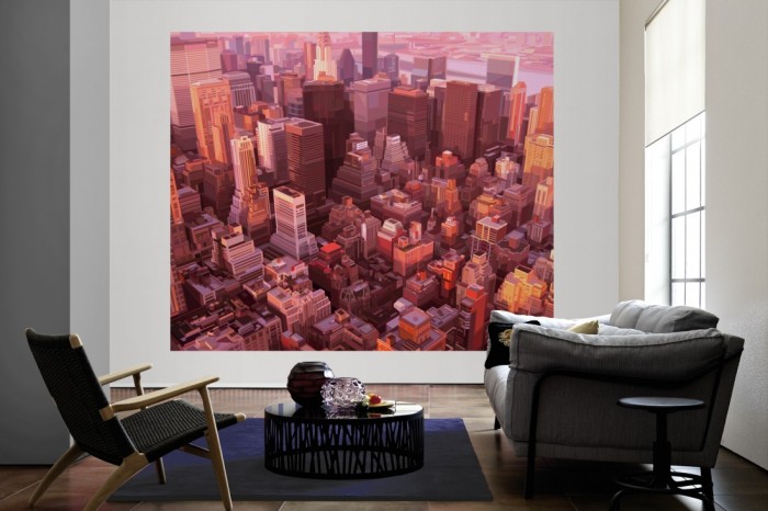 Die Fototapete New York von oben, Grafik-Design als große Bildtapete im Wohnzimmer. Als Bildtapete ist die Fototapete New York von oben, Grafik-Design ein besonderes Highlight auf Vliestapete.