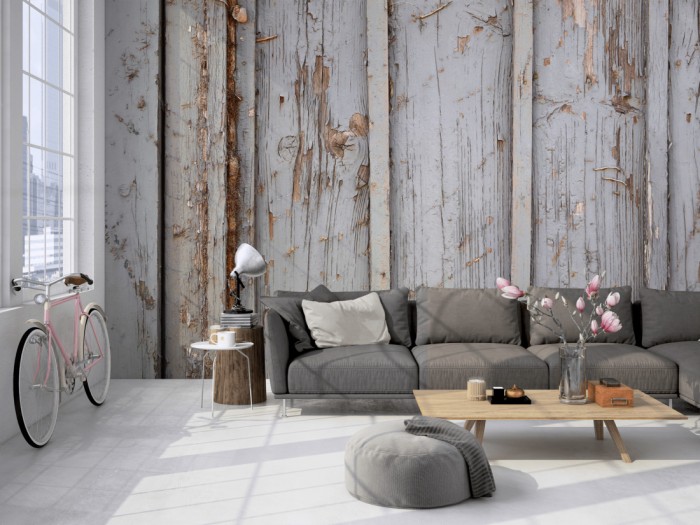 Die Fototapete Holz Wand, grauer Anstrich auf einer großen Wand im Loft tapeziert. Die Fototapete Holz Wand, grauer Anstrich wird individuell auf Deine Wand angepasst.
