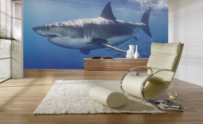 3D-Fototapete Hai mit Fischschwarm