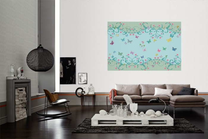 Die Design-Fototapete Schmetterlinge Be Happy, Nostalgie als Wandbild im Wohnzimmer. Die Vlies-Design-Fototapete Schmetterlinge Be Happy, Nostalgie verschönert als Wandbild Deine Wand.