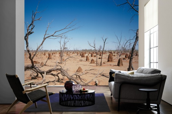 Im Wohnzimmer die Fototapete Australien, Outback auf einer großen Wand tapeziert. Die Fototapete Australien, Outback ist als Vlies-Fototapete im Wohnzimmer leicht zu tapezieren.