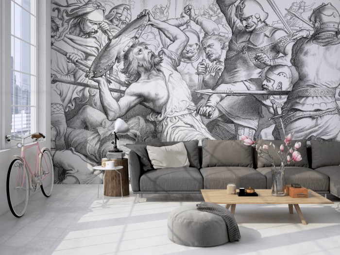 Die Fototapete Historische Schlacht, schwarz-weiß auf einer großen Wand im Loft tapeziert. Die Fototapete Historische Schlacht, schwarz-weiß wird individuell auf Deine Wand angepasst.