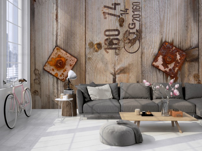 Die Fototapete Holz Wand, vergrautes Holz Detail auf einer großen Wand im Loft tapeziert. Die Fototapete Holz Wand, vergrautes Holz Detail wird individuell auf Deine Wand angepasst.