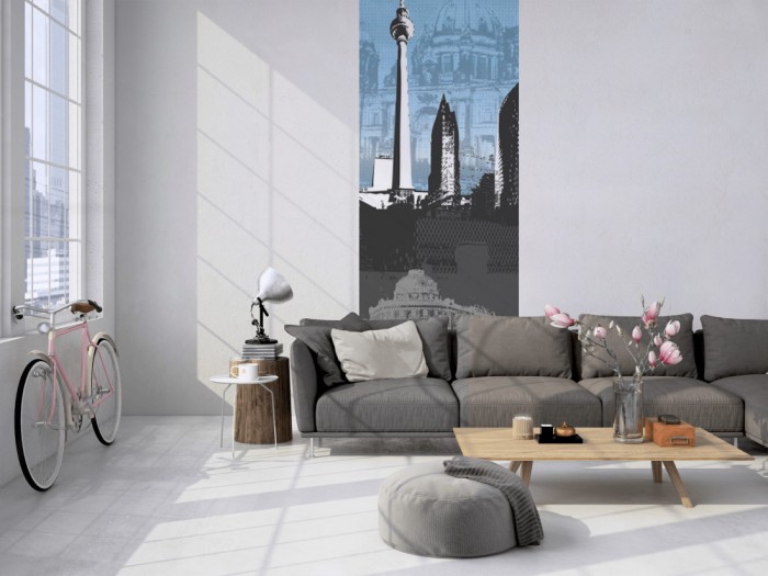 Das 3D-Design-Fotopanel Berlin Deutschland, Artwork tapeziert in einem Loft. Bestelle die Bildtapete für Deine Wand online.