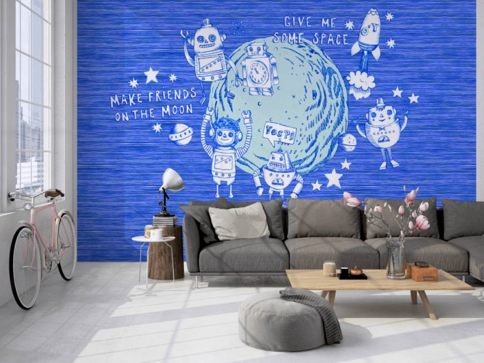 Die Fototapete Weltraum, Oilily Kids auf einer großen Wand im Loft tapeziert. Die Fototapete Weltraum, Oilily Kids wird individuell auf Deine Wand angepasst.