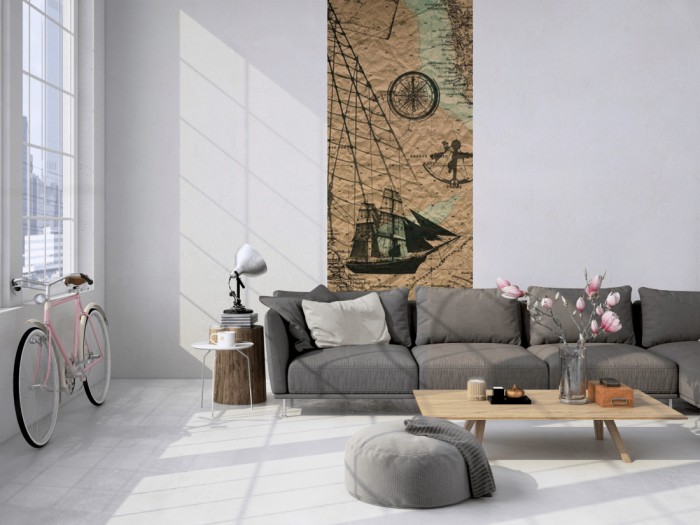 Das Design-Fotopanel Vintage Landkarte der Schifffahrt tapeziert in einem Loft. Bestelle die Bildtapete für Deine Wand online.